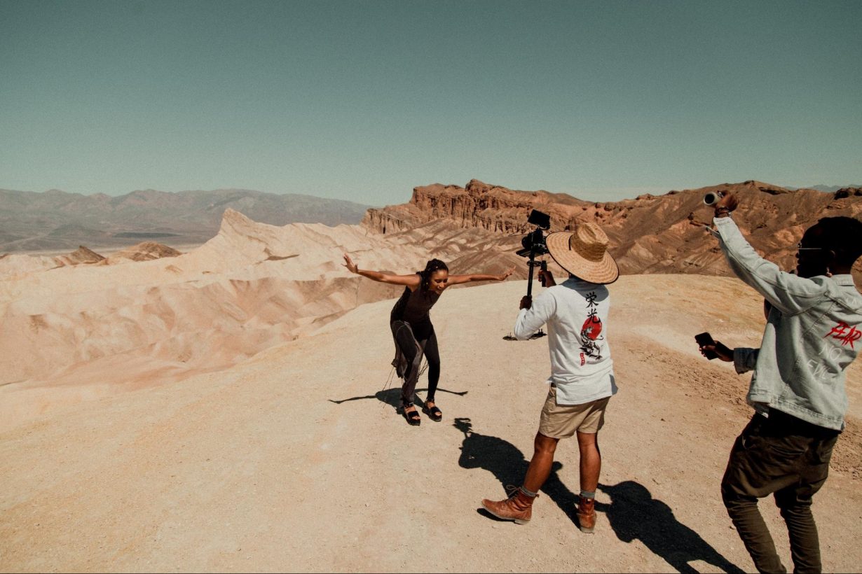 Juan Garcia and Jon Aragon film Quina Aragon in the desert. 