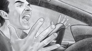 Illustration of an angry man yelling in his car