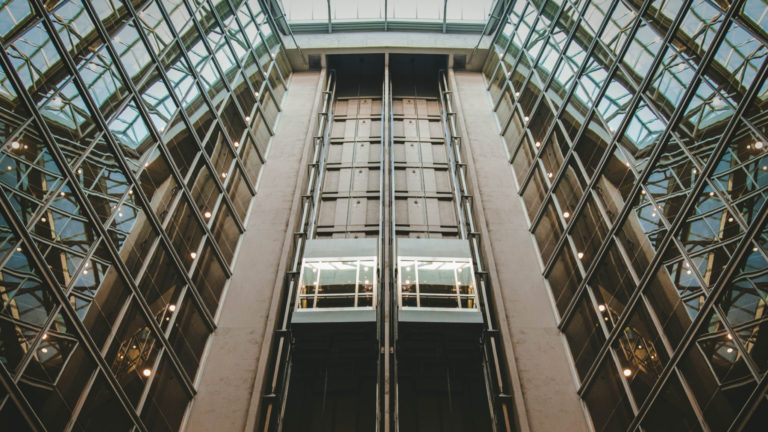 Elevators in a glass building