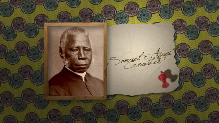 Portrait of Bishop Samuel Crowther in a wooden frame on an African wax print background