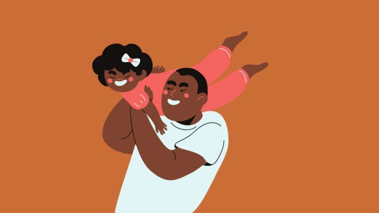 Black dads and their superpowers, a black dad with his daughter flying on his shoulder