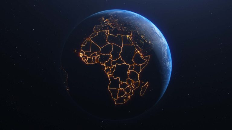 Global Missions - Planet earth with the continent of Africa lit up.