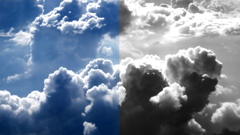 Imitate Christ rather than satan - A picture of clouds in the sky, half of picture is blue in colour and half is grayscale.