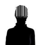 666 mark of the beast - A silhouette of a person with a barcode imprinted across their head.