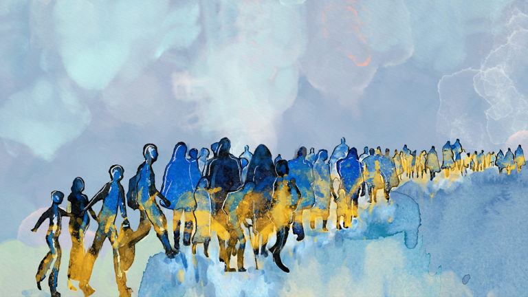 War in Ukraine - a painting of people fleeing their country because of war