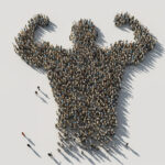 Members building each other up - A collection of many people forming an image of a person