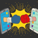 Harsh speech on social media - An animated picture of hands boxing each other from a mobile phone.