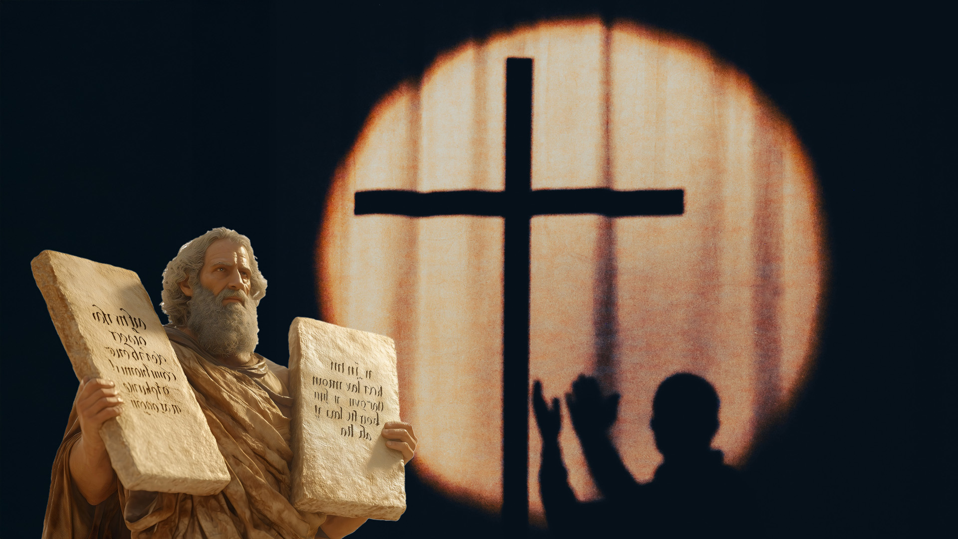 Law and Grace – Moses holding 2 tables of stones with written law and another person standing under the cross
