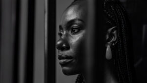 Singleness – A woman standing behind bars looking out into the distance