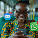Never miss an article – A woman sitting in the bus with her phone, looking at the screen and smiling.