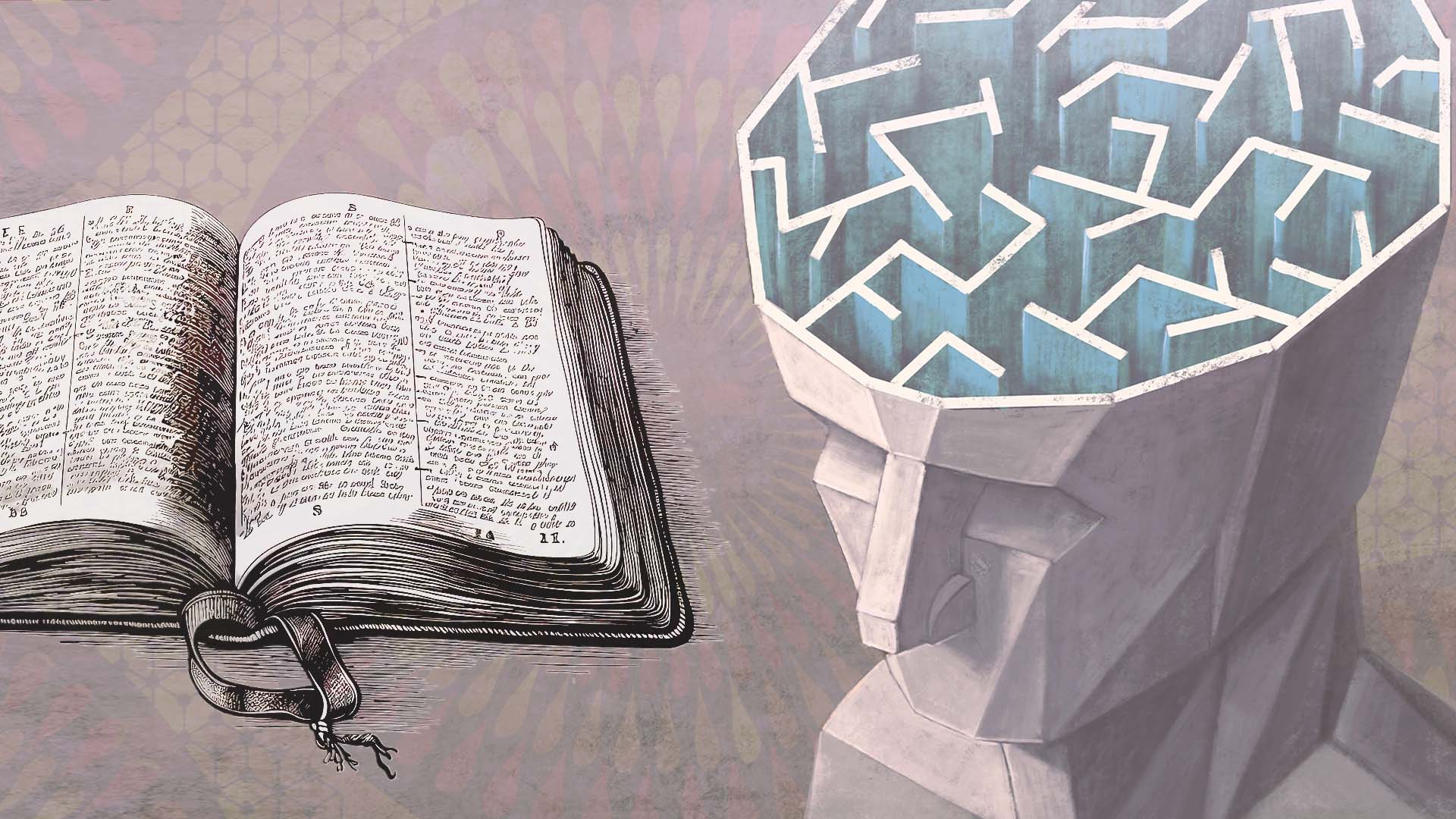 A sketch of an open bible and a person's head.