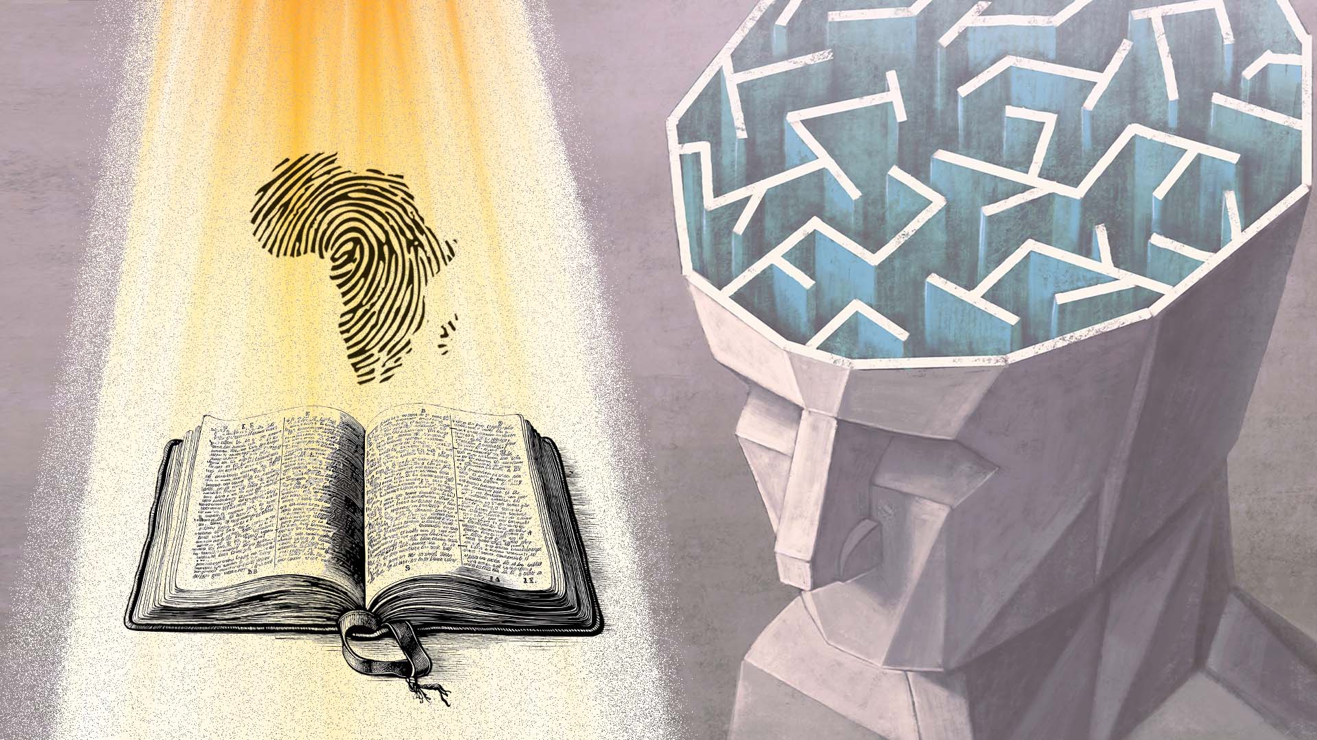 African map above bible and a sketch of a person's head